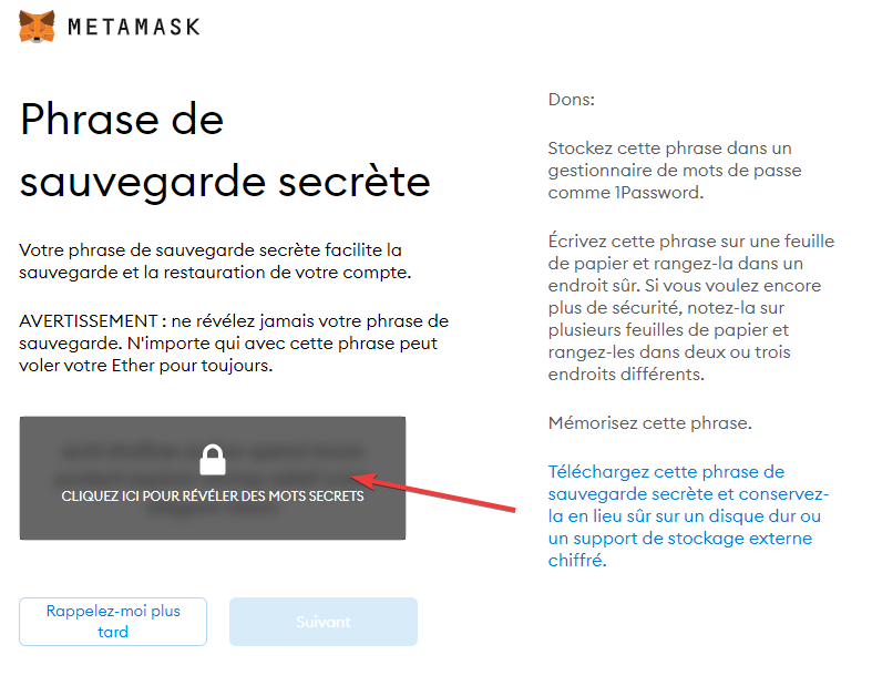 Metamask : phrase secrète pour retrouver son compte