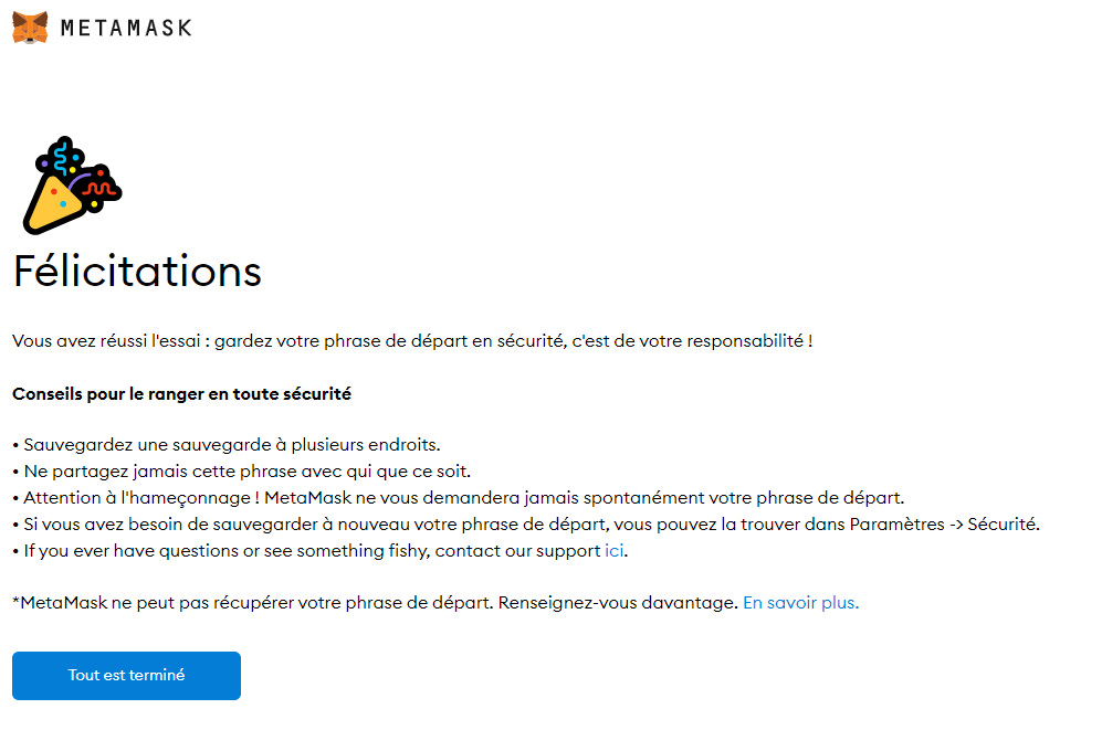 compte Metamask création et sauvegarde